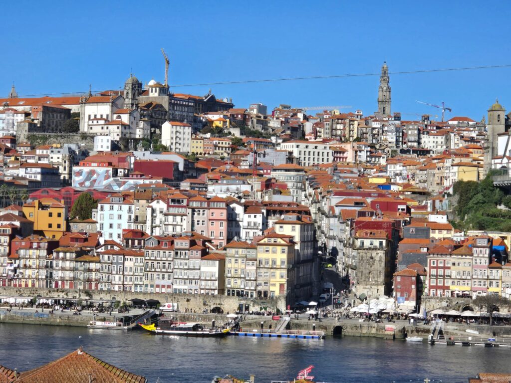 Colorful hillside cityscape along the river in Lisbon, Portugal