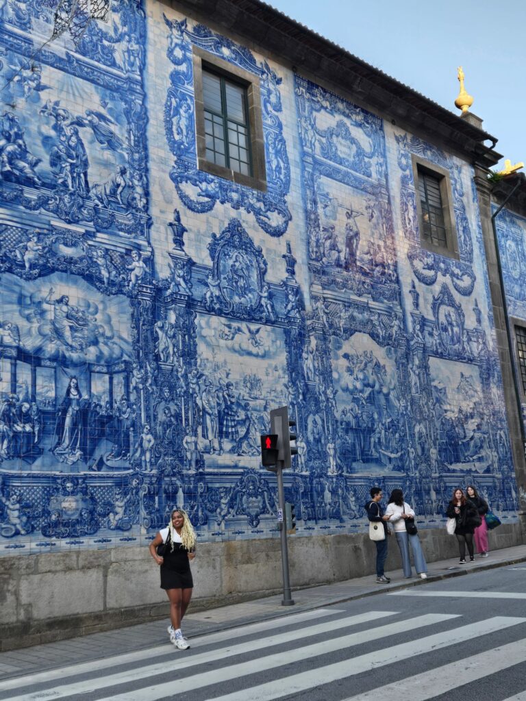Blue azulejo tile façade on a historic building in Porto, Portugal