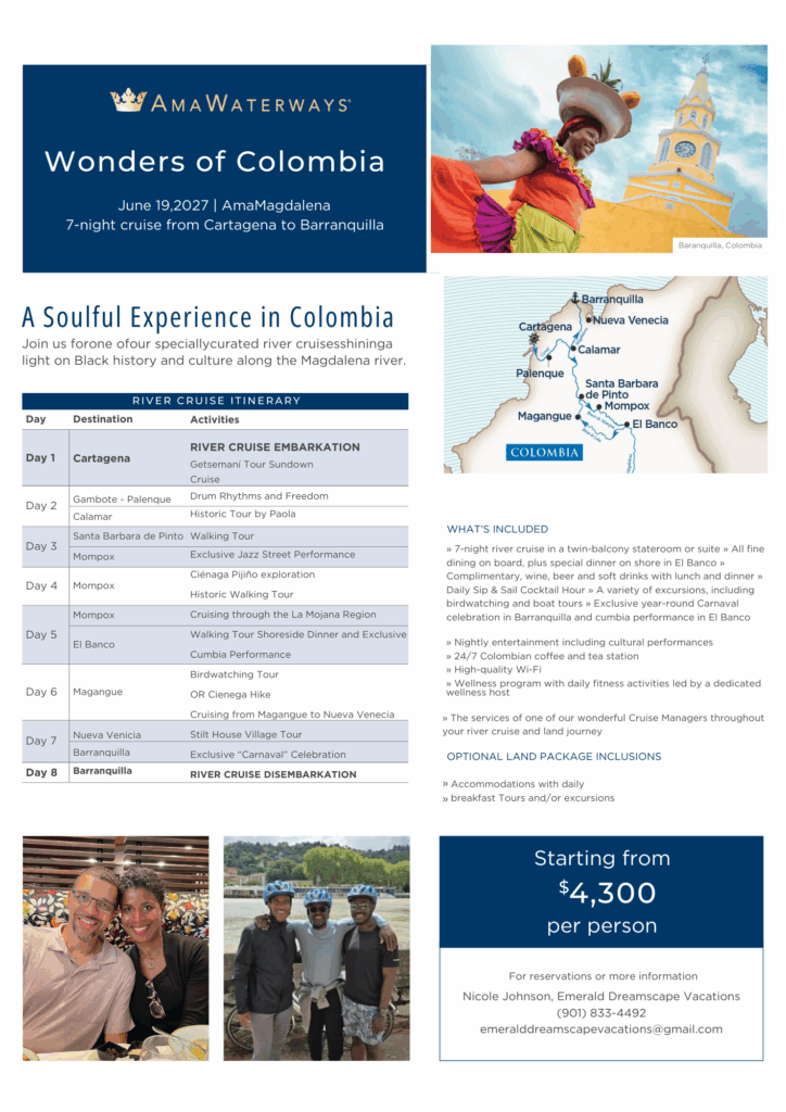 AmaWaterways “Wonders of Colombia” river cruise itinerary featuring cultural experiences along the Magdalena River