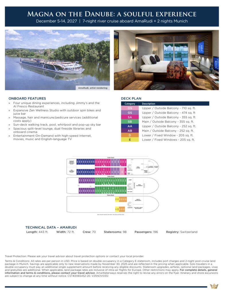 AmaWaterways “Magna on the Danube” river cruise itinerary highlighting onboard features, destinations, and accommodations
