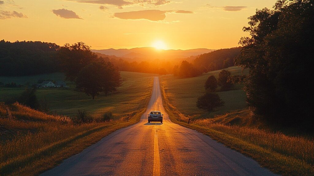 Open road stretching through rolling hills at sunset during a scenic road trip